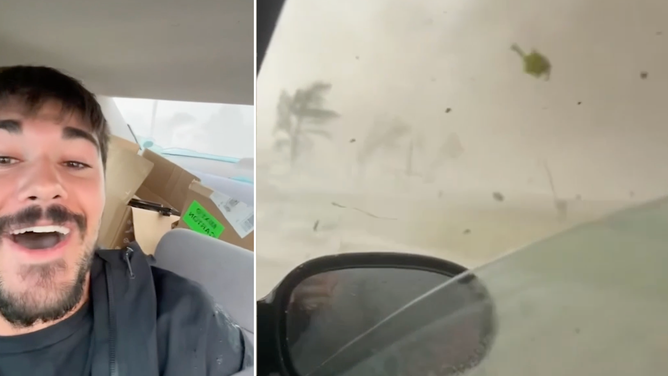 Side-by-side images of Aden Basgall and footage he took while inside tornado in Grinnell, Kansas.